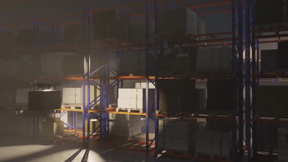 Drones flying and delivering packages and boxes in the large storehouse.