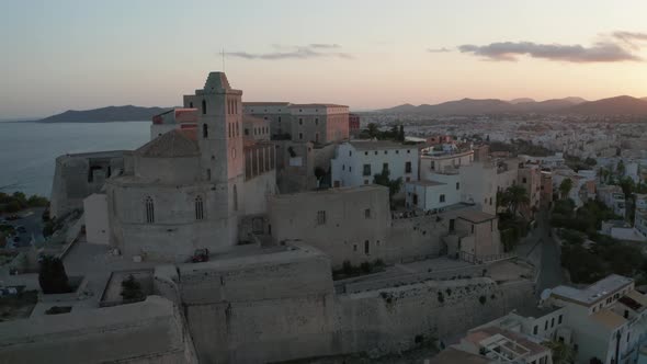 Aerial View of the Old City on the Island of Ibiza During Sunset.