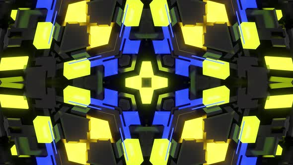 Dark Looped Bg with Abstract Symmetrical Pattern of Geometric 3d Stuff and Neon Light alt