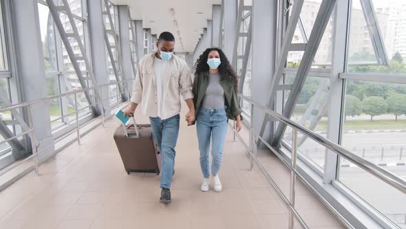 Multiracial Couple Diverse Afro American Man African and Hispanic Woman Two Passengers Wear Face alt