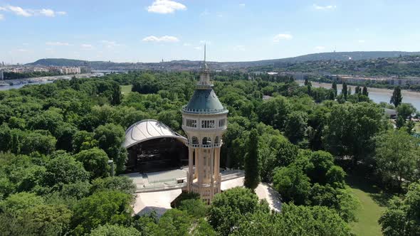 Aerial view of water tower on Margaret island (Margitsziget), Budapest, Hungary alt