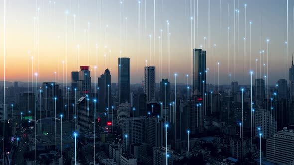 smart Connected city skyline. Futuristic network concept, city Technology. alt