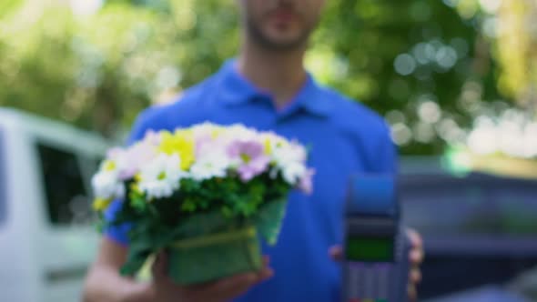 Flowers Delivery Worker Holding Bouquet and Payment Terminal, Customer Care alt