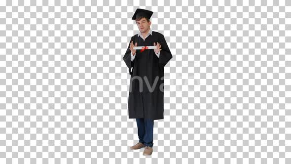 Male student in graduation robe showing his diploma, Alpha Channel alt