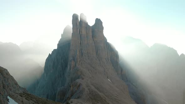 Aerial Drone Shot of Vajolet Towers Mountain in Dolomites Italy at Sunrise