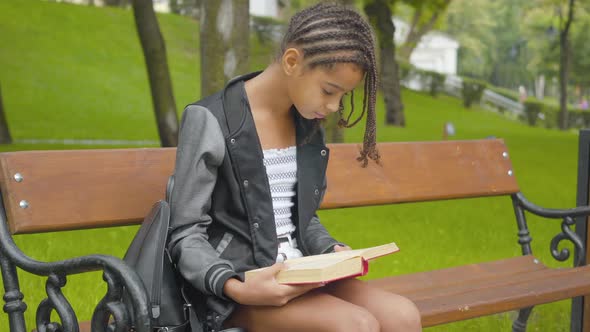 Concentrated Girl with Afro Pigtails Reading Book Outdoors. Portrait of Cute African American alt