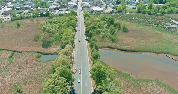 View From the Top Automobile Bridge Passing in the Over River of Concrete Bridge alt