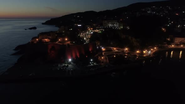 Aerial Night View of the Old City of Ulcinj