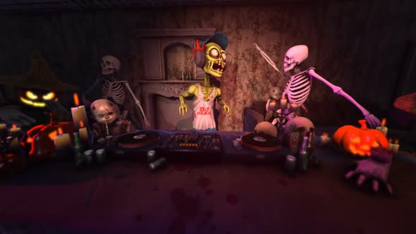Dj zombie in a party with scarecrows in a haunted house alt