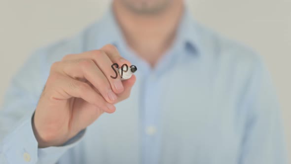 Sponsors Welcome, Man Writing on Transparent Screen alt
