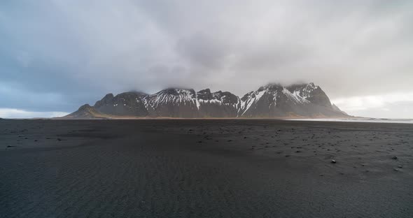 Amazing View of Vestrahorn Mountains and Stokksnes Beach During Windy Day on Black Sand Beach