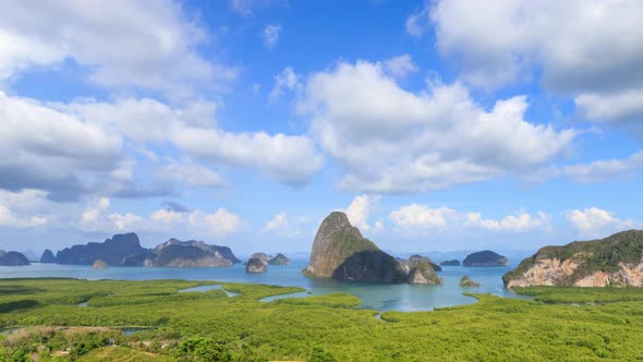 Samet Nangshe viewpoint over Phang-nga Bay and mountains in Andaman sea, Thailand - Time Lapse