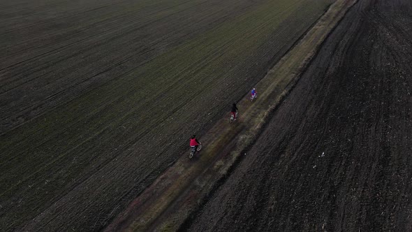 Aerial drone view from above of family ride on bikes outdoors on the spring field alt