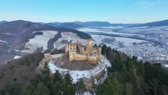 Aerial view of castle in Zborov village in Slovakia alt