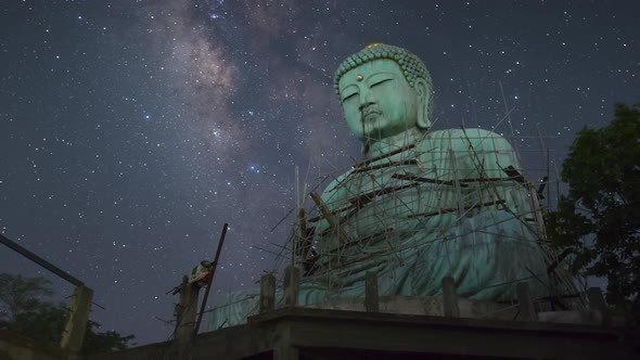 Time lapse Giant Buddha with milky way moving in sky.