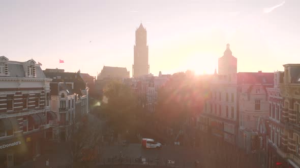 Aerial view panning up showing the historic centre of the city of Utrecht in The Netherlands with th alt