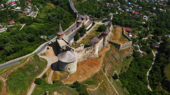 Aerial Drone View of Medival Fortress Castle in historic city of Kamianets-Podilskyi, Ukraine. alt