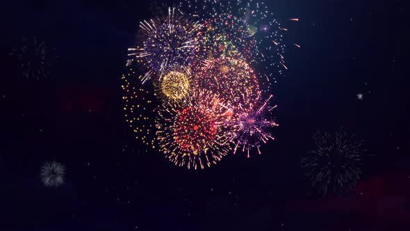 Multi Color Multiple Shape Fireworks Explosion Display Sky Night Seamless Loop Background alt