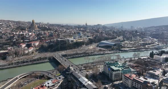Rike Park and Baratashvili Bridge in the center of Tbilisi.beautiful cityscape over Kura river alt