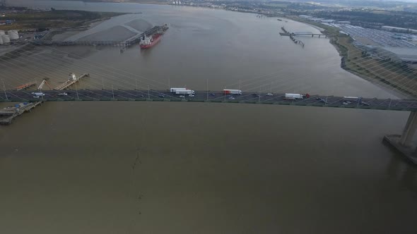 Vehicles on Suspension Bridge and Large Ship alt
