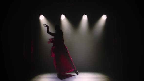 Silhouette a Young Girl Dancer in a Red Sari. Indian Folk Dance. Shot in a Dark Studio with Smoke alt
