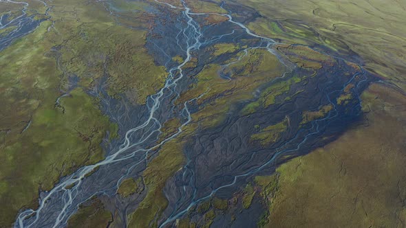 Drone Over Landscape With Dry Riverbed Of Braided River alt