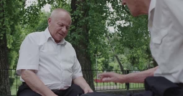 Two Seniors Friends in Suits Having a Fun During Playing the Chess Game on Bench alt