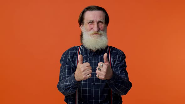 Mature Old Bearded Grandfather Showing Thumbs Up and Nodding in Approval Successful Good Work alt