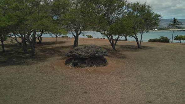 Aerial view of balancing rock in Kaiaka bay beach park in Haleiwa Oahu alt