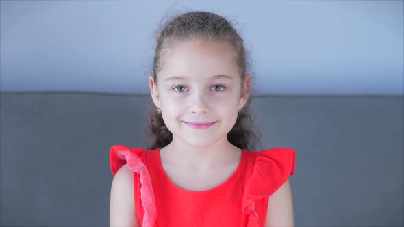Portrait Funny Little Girl Smiling Child Looking at Camera Are Sitting on the Couch at Home, Cute alt