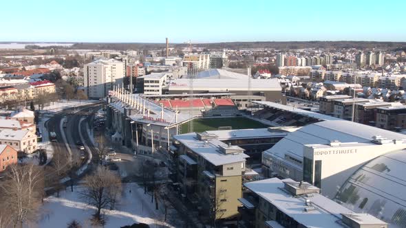Aerial shot over Behrn Arena football stadium in Orebro city, Sweden alt