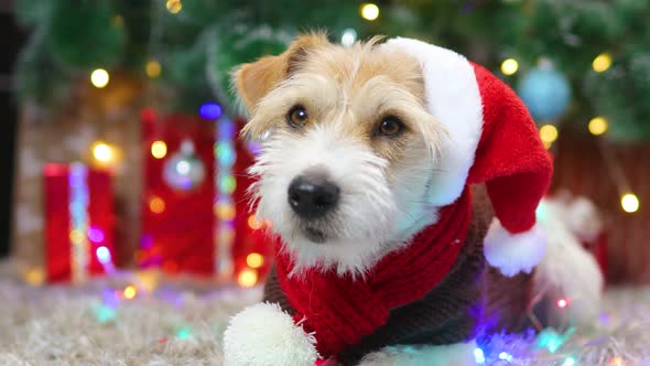 A dog in a red scarf and a cap lies under a Christmas tree with gifts alt