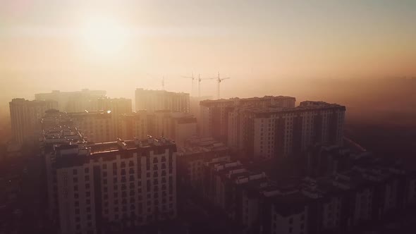 Morning Flight at Dawn Over the Construction of Houses, Beautiful View