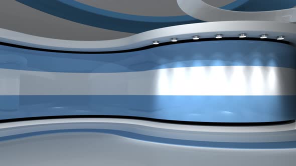 Light blue background. Virtual studio