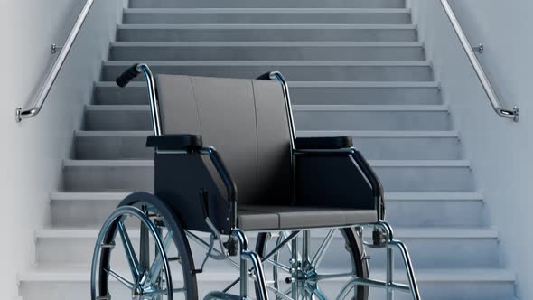 Footage of empty wheelchair next to wide stairs. Concept of health problems. alt