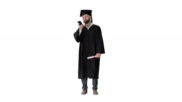 Mature Man Graduate Student Recording Voice Message on White Background alt