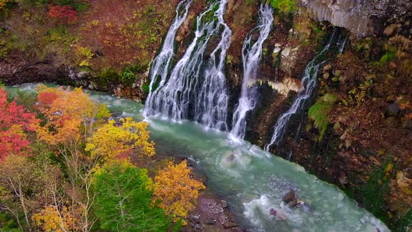 Shirahige Waterfall in Fall and Autumn Season, Hokkaido, Japan