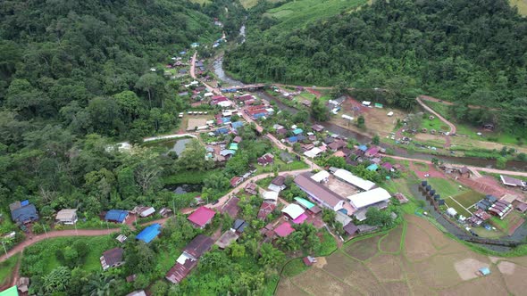 Aerial view of Sapan village, The city in valley, Nan, Thailand by drone