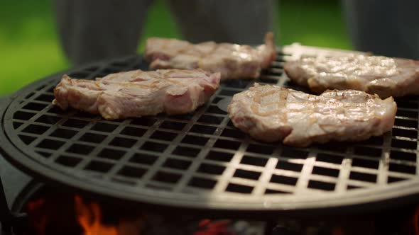 Big Meat Slices Browning on Grate alt