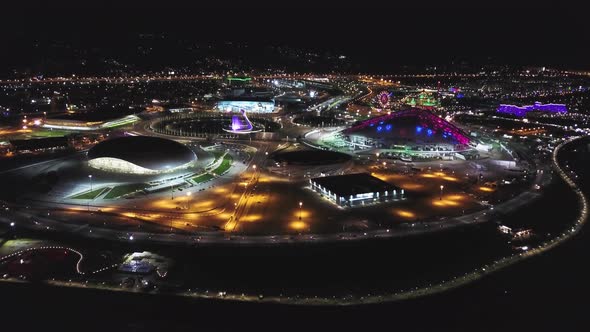 Aerial View of the Beautiful Night City. Olympic Park in Sochi at Night