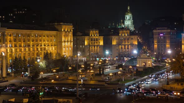 Night City, Traffic On The Maidan In Kiev In The Evening, Ukraine, Time Laps