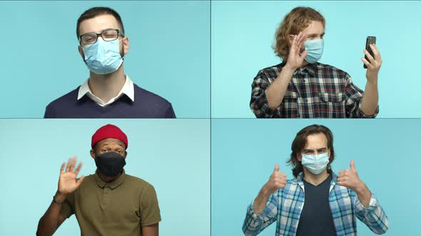 Collage of Multiethnic Men Showing Different Emotions in Medical Masks From Covid19 Second Wave