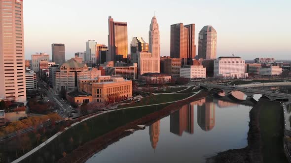 Columbus Ohio downtown skyline at dusk - aerial drone alt