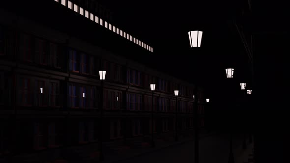 Abstract city landscape with an empty street decorated by two rows of lanterns alt