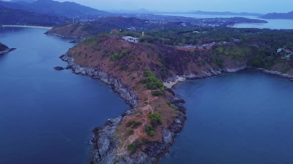Aerial view of Promthep Cape viewpoint at sunset with Andaman sea in Phuket,Thailand alt
