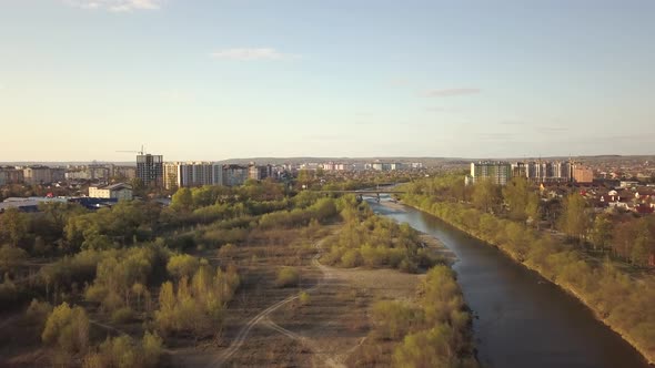 Aerial view of Ivano-Frankivsk city, Ukraine with Bystrytsia river  alt