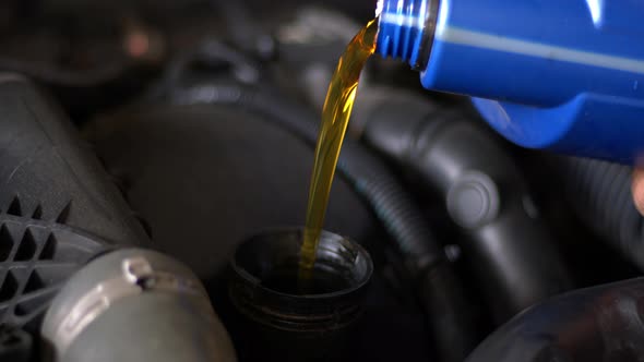 New Oil Is Poured Into Car Engine In The Repair Shop 3 alt