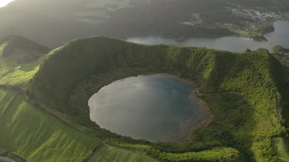 Aerial view of Lagoa Azul lake on San Miguel Island archipelagos. alt