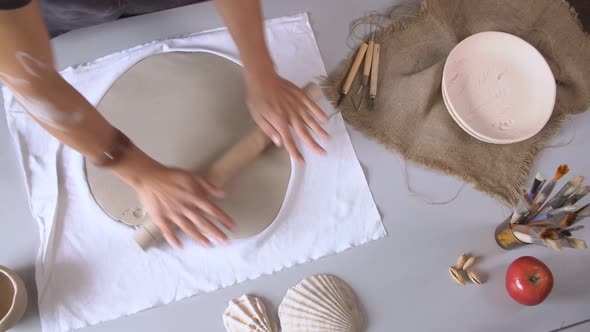 Close Up Woman Rolling Clay Craftsman Skill Concept