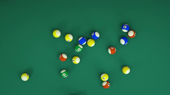 A lot of billiard balls roll across the table. Many Pool balls